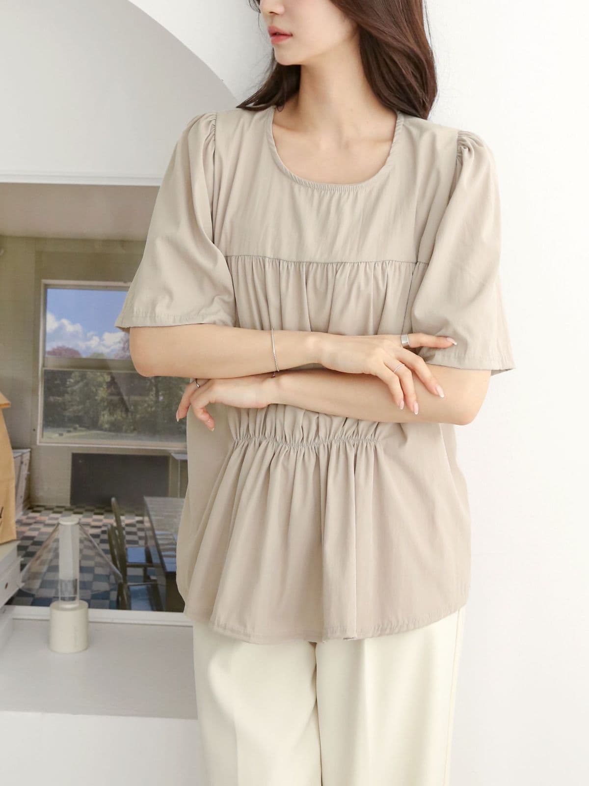 Double-line shirring short-sleeve T-shirt - 이미지 14