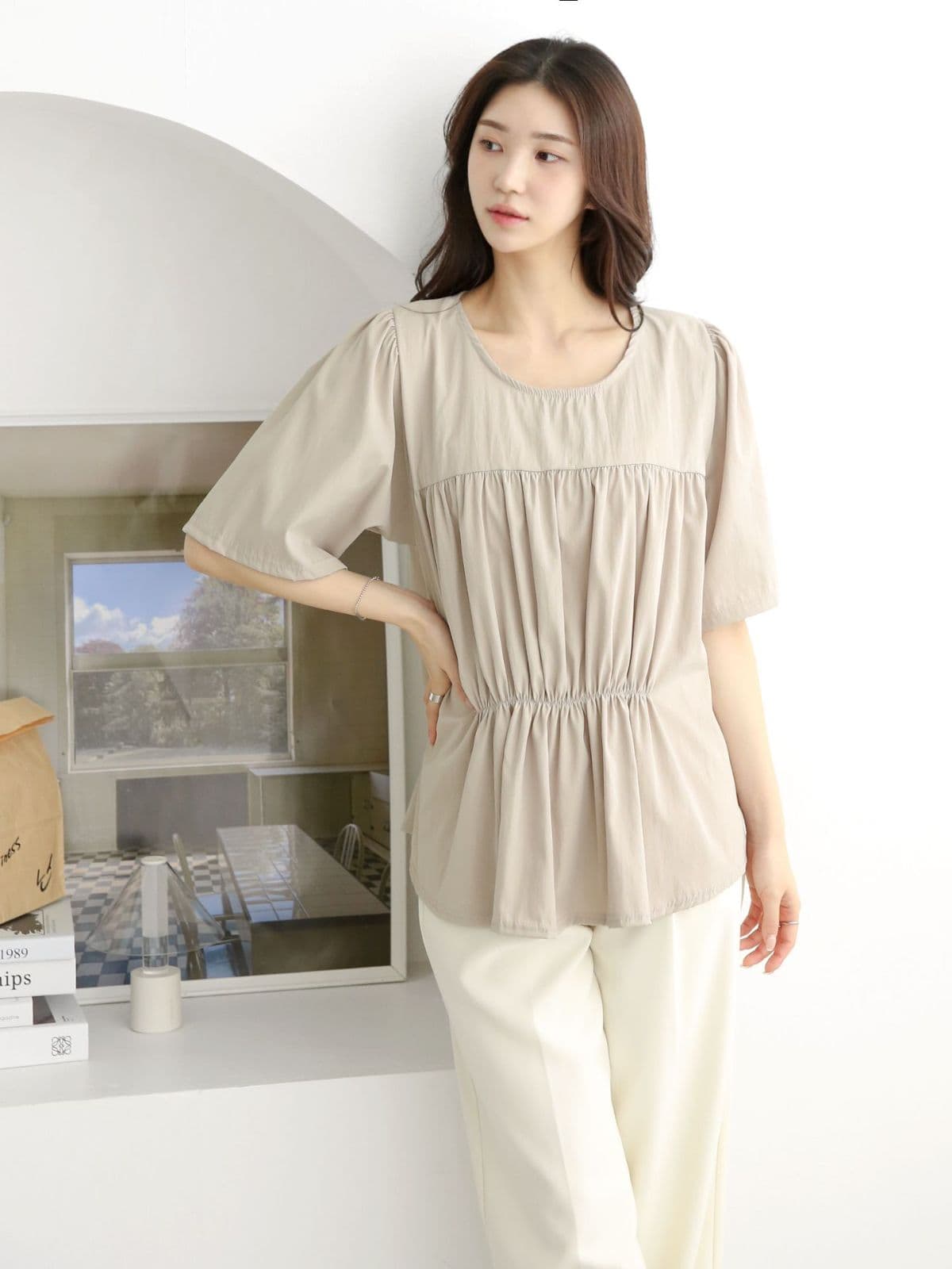 Double-line shirring short-sleeve T-shirt - 이미지 16