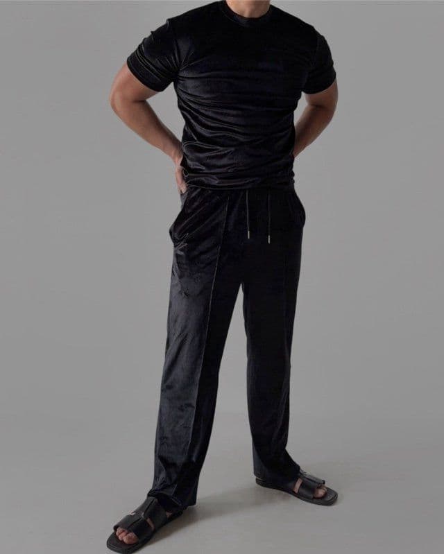 Ribbed Velvet Muscle Fit Round Short Sleeve T-shirt and Long Pants Set - 이미지 3