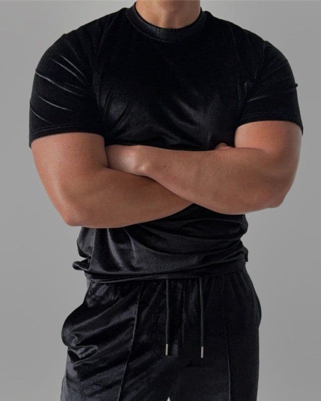 Ribbed Velvet Muscle Fit Round Short Sleeve T-shirt and Long Pants Set - 이미지 5