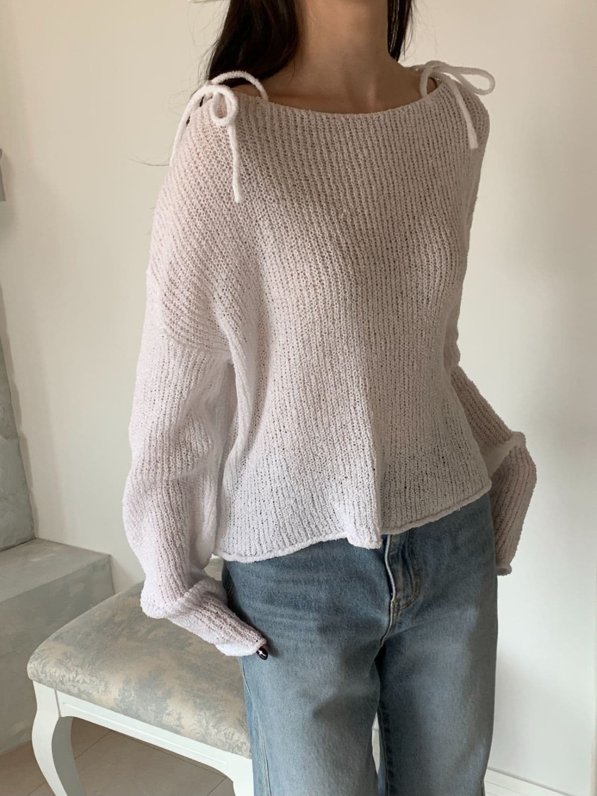 Cream shoulder strap knit - 이미지 6