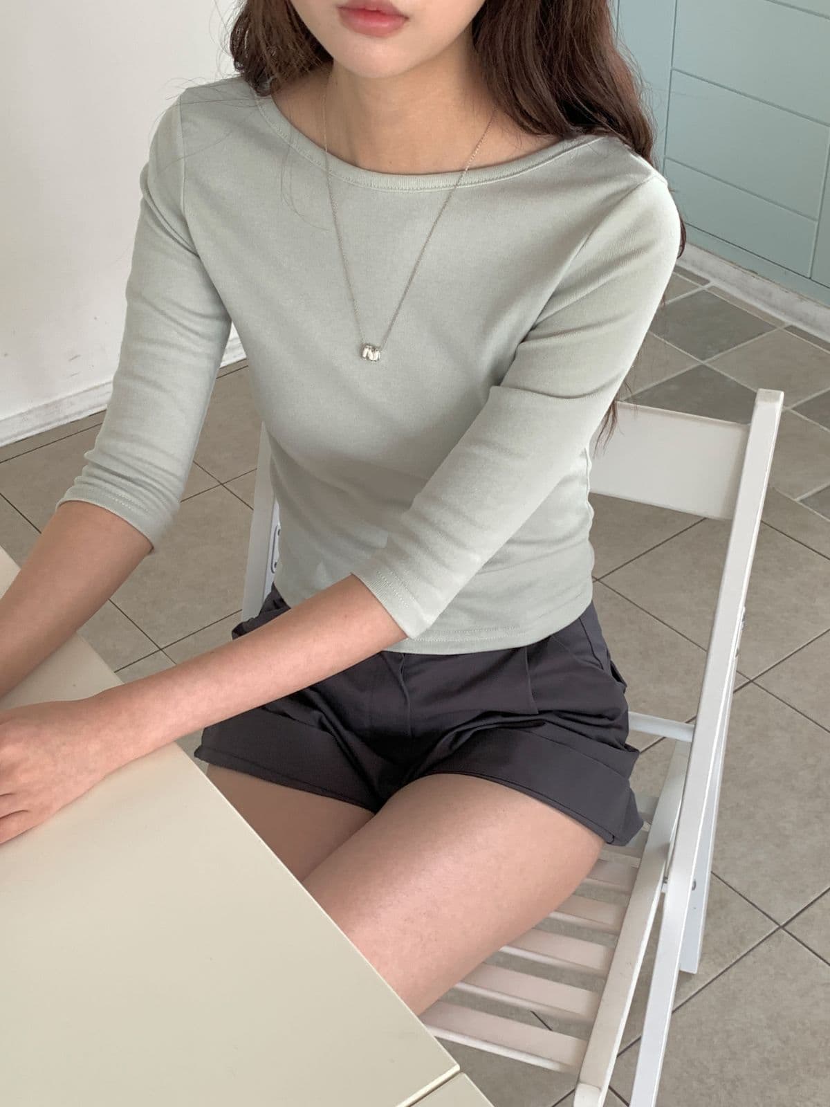 Boat Neck Slim 3/4 Long Sleeve T-shirt - 이미지 2