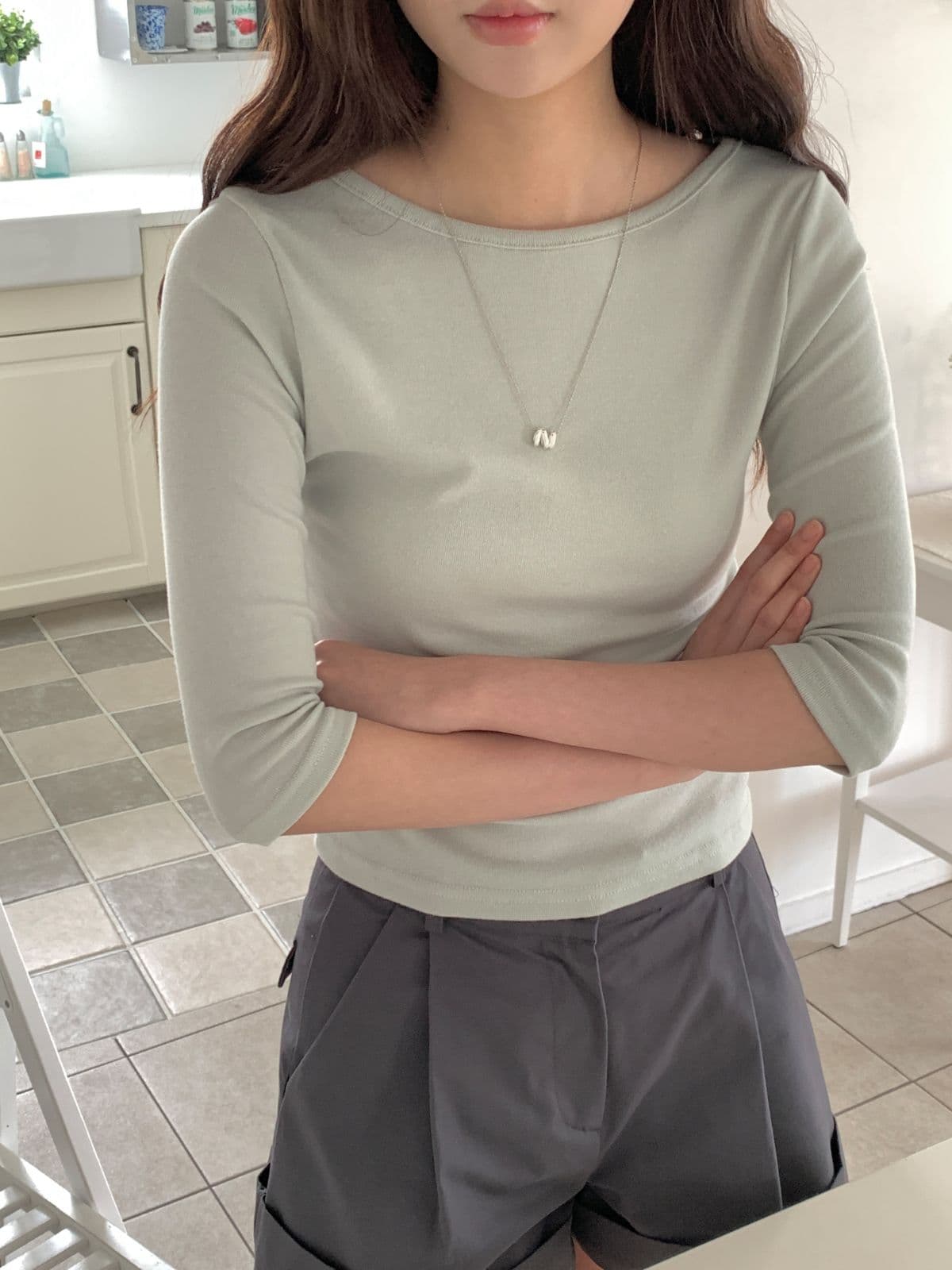 Boat Neck Slim 3/4 Long Sleeve T-shirt - 이미지 6