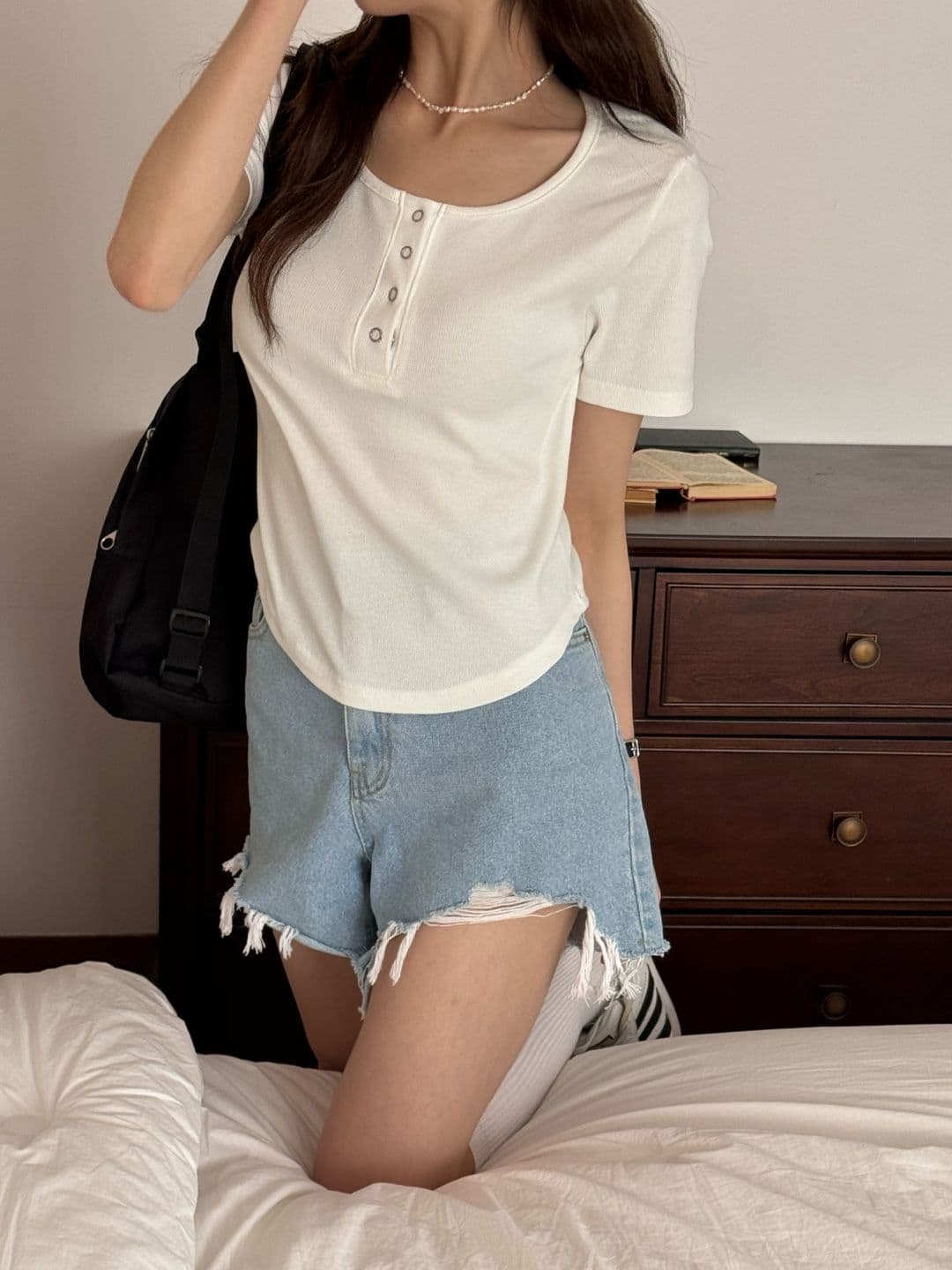 Dot ribbed short sleeve T-shirt - 이미지 2