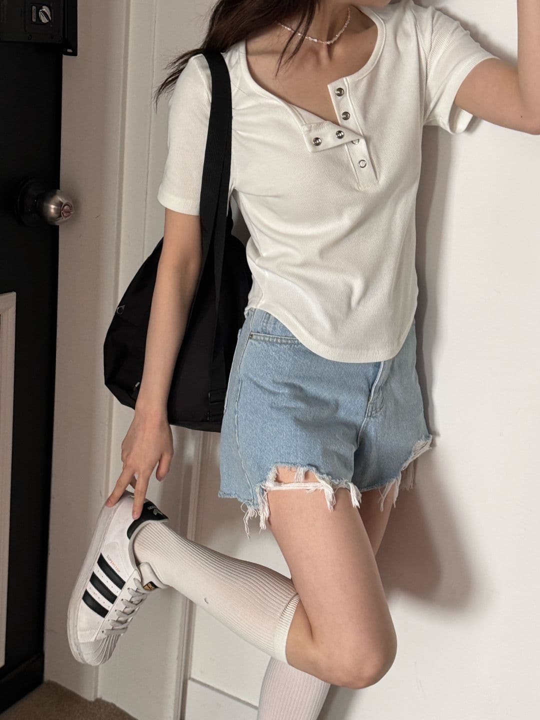 Dot ribbed short sleeve T-shirt - 이미지 6
