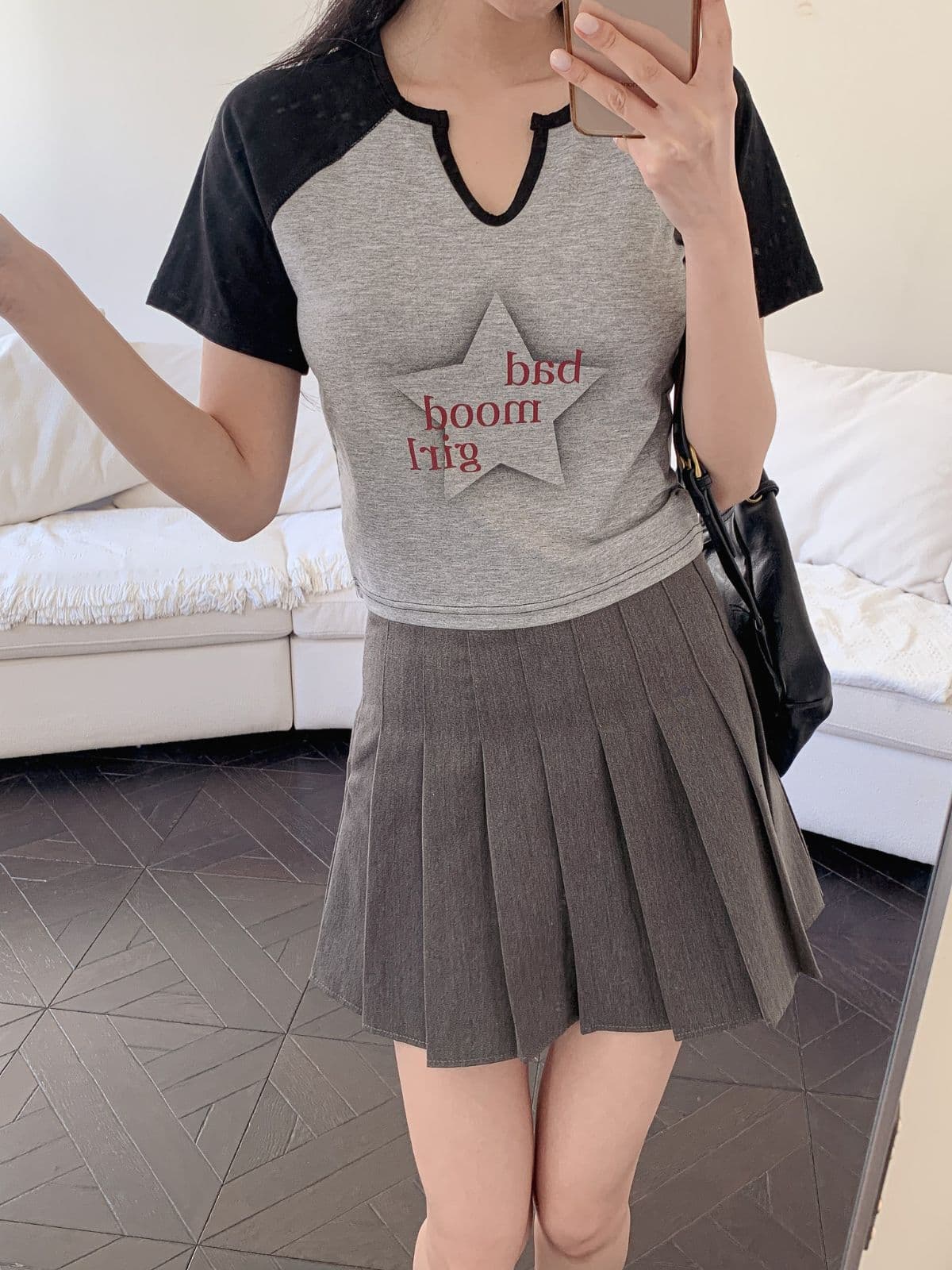 Mood Girl Color Block Short Sleeve T-shirt - 이미지 2
