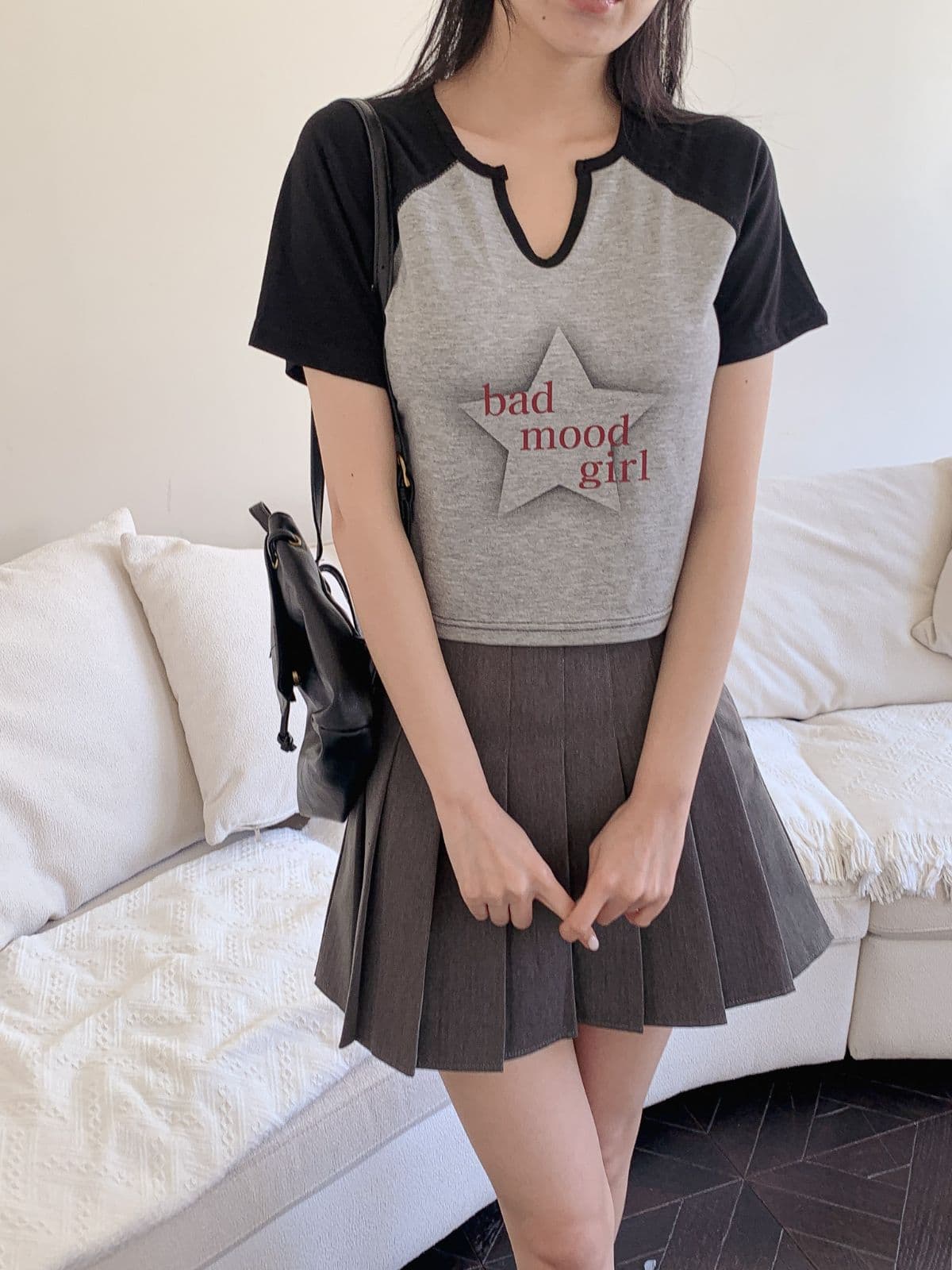 Mood Girl Color Block Short Sleeve T-shirt - 이미지 4
