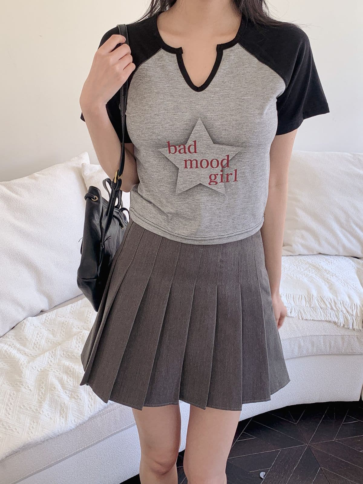 Mood Girl Color Block Short Sleeve T-shirt - 이미지 5