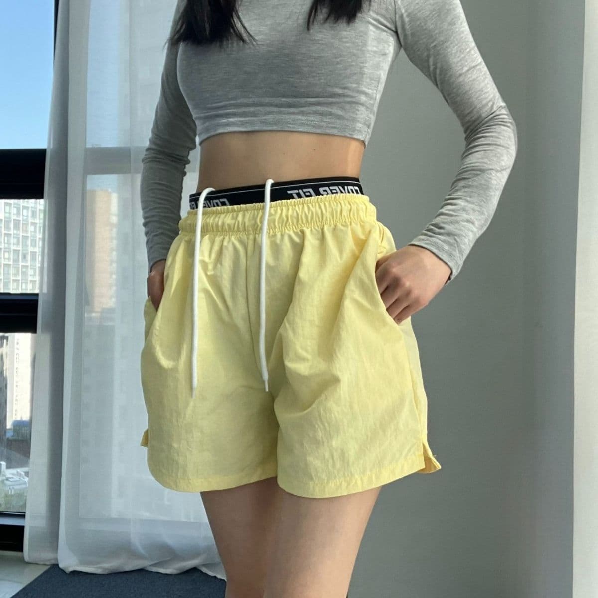 Two-band Washer Shorts Nylon Woven Crinkly 3/4 Shorts Elastic Waist String Pocket Loose Fit Shorts - 이미지 10