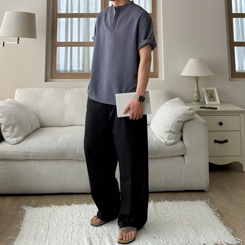 Linen-like Half-Open Hidden Henley Neck Short Sleeve Shirt - 이미지 2