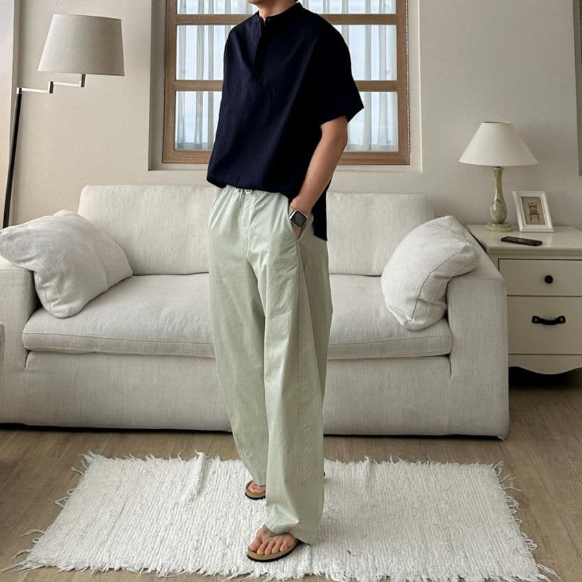 Linen-like Half-Open Hidden Henley Neck Short Sleeve Shirt - 이미지 5