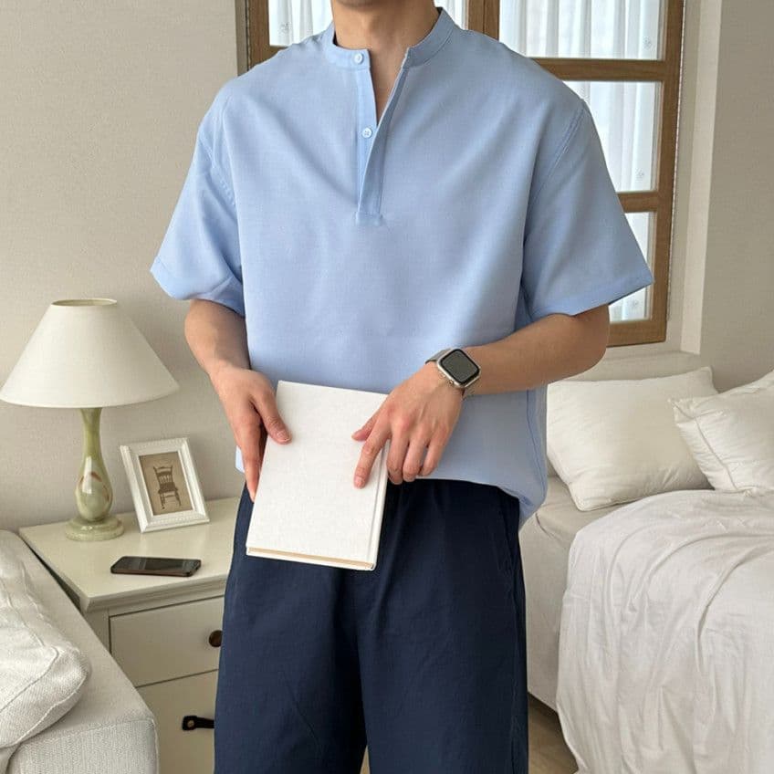 Linen-like Half-Open Hidden Henley Neck Short Sleeve Shirt - 이미지 6
