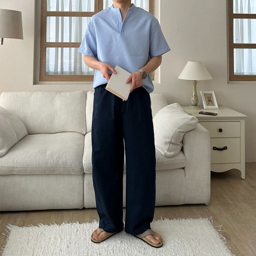Linen-like Half-Open Hidden Henley Neck Short Sleeve Shirt - 이미지 7