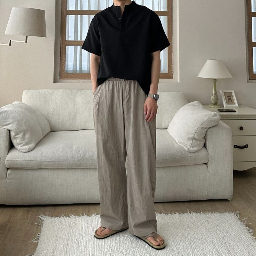 Linen-like Half-Open Hidden Henley Neck Short Sleeve Shirt - 이미지 10