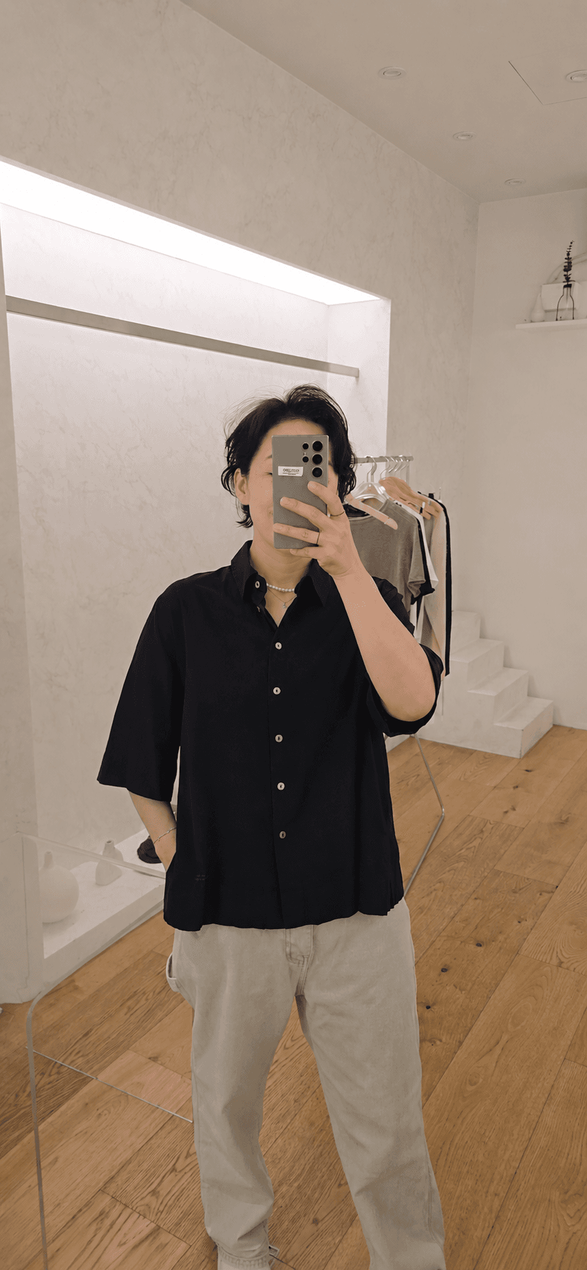 Loose-fit open-collar 3/4 sleeve shirt blouse - 이미지 1