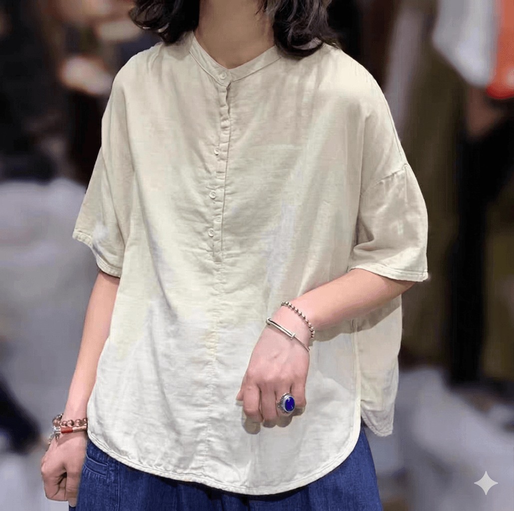 26 Single-piece Short Sleeve Linen-look Henley Neck Short Sleeve Loose Fit Blouse - 이미지 3