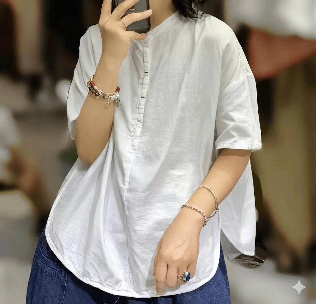 26 Single-piece Short Sleeve Linen-look Henley Neck Short Sleeve Loose Fit Blouse - 이미지 4