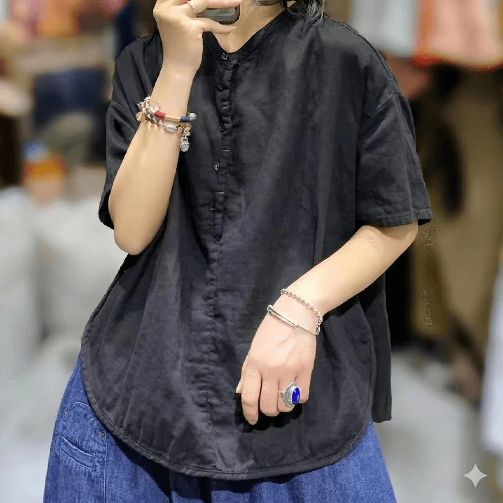 26 Single-piece Short Sleeve Linen-look Henley Neck Short Sleeve Loose Fit Blouse - 이미지 2