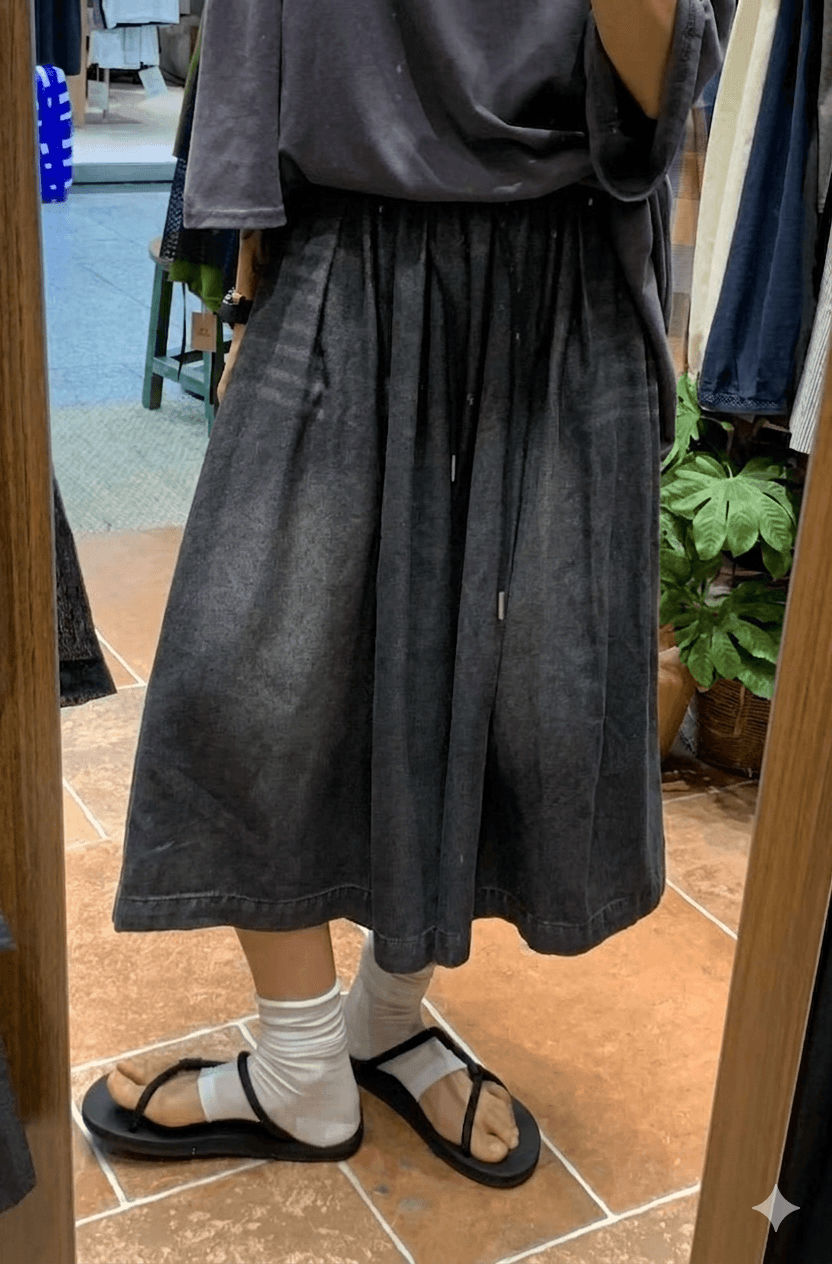 Daily washed denim elastic band pleated long skirt-pants - 이미지 2