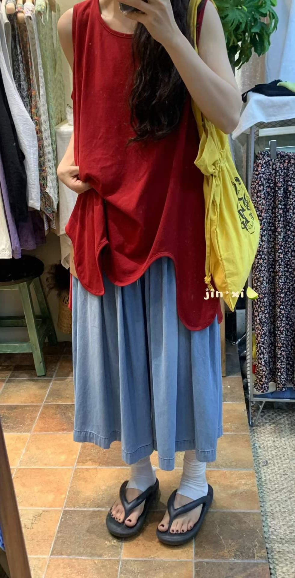 Daily washed denim elastic band pleated long skirt-pants - 이미지 4