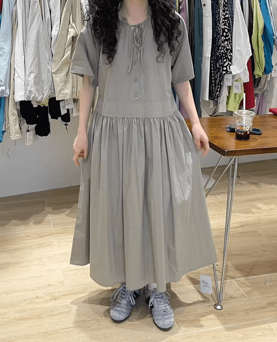 TIME Frill Neck Ribbon Short Sleeve Shirred Long Dress - 이미지 5