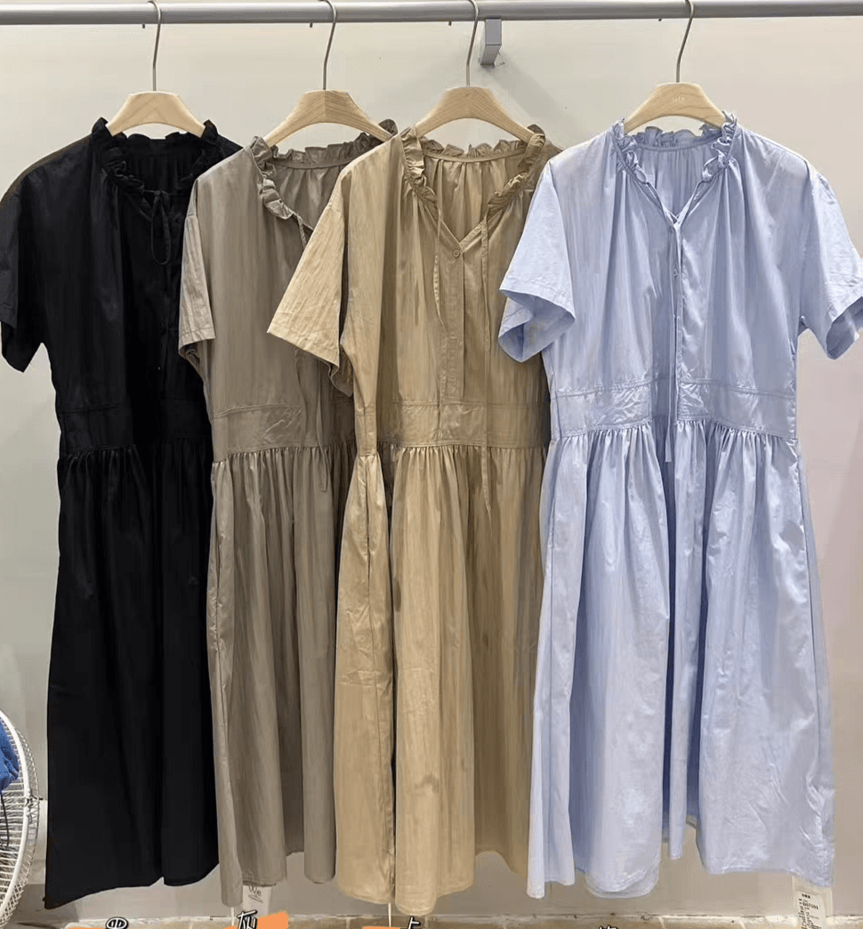 TIME Frill Neck Ribbon Short Sleeve Shirred Long Dress - 이미지 1