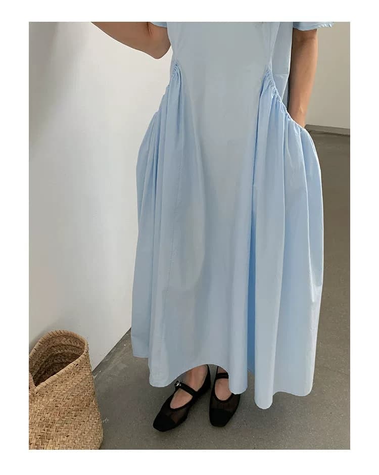 Pure Shirred Pocket Puff Sleeve Balloon Long Dress - 이미지 3