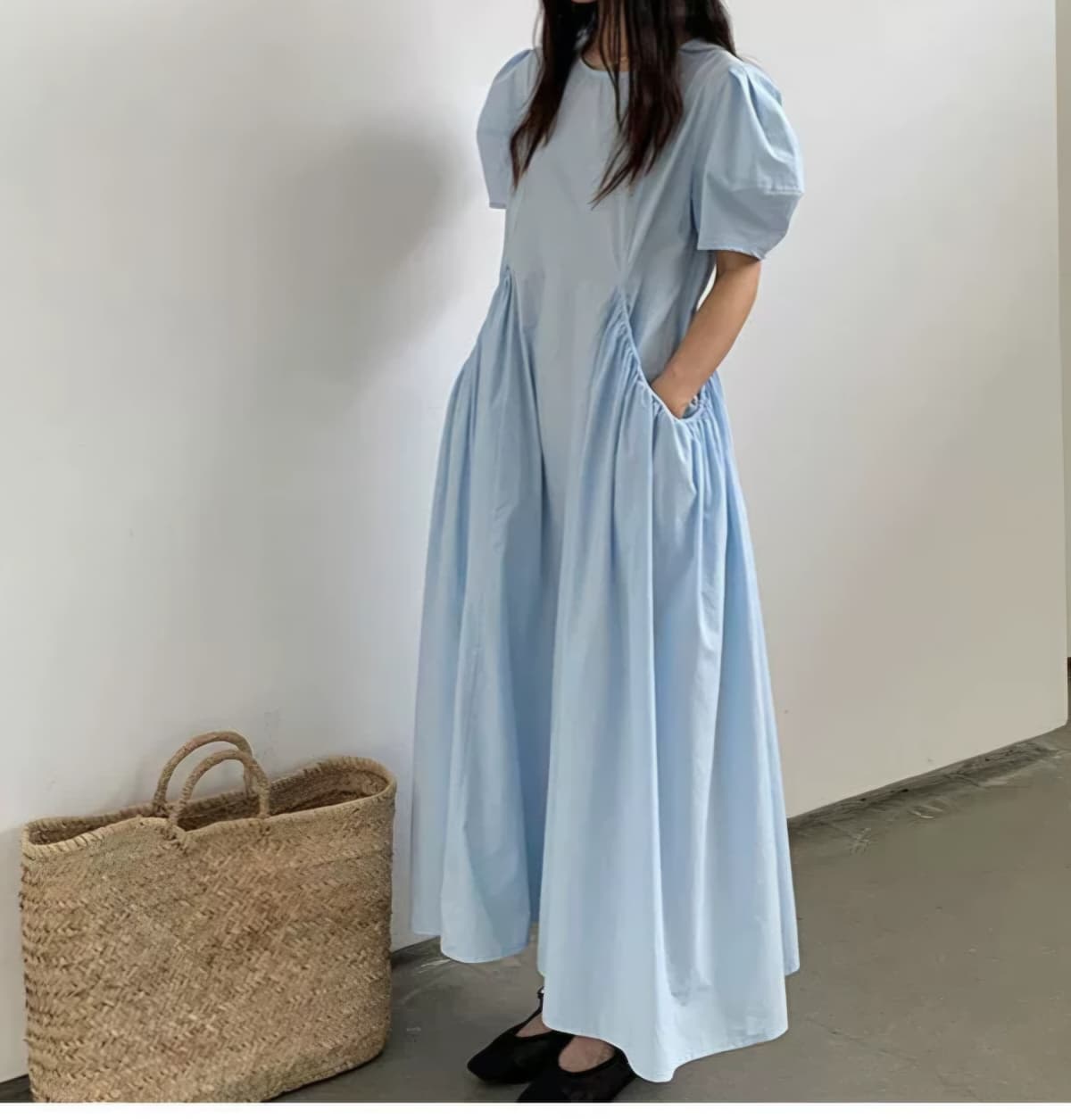 Pure Shirred Pocket Puff Sleeve Balloon Long Dress - 이미지 2