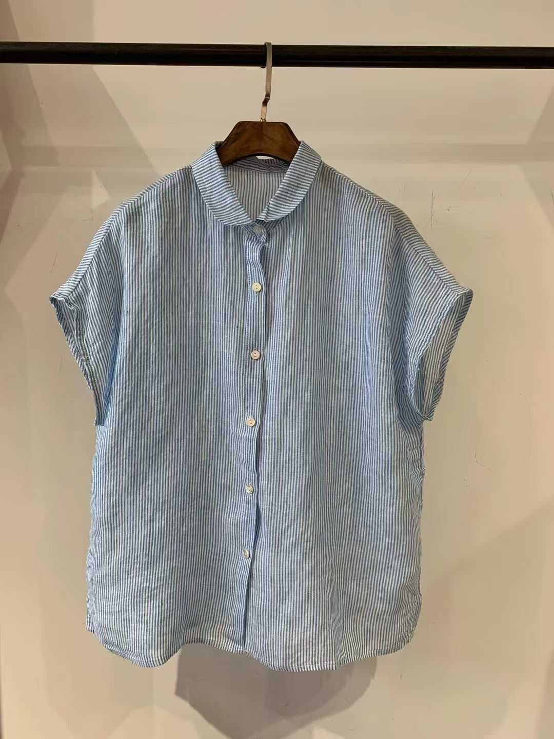 Vertical linen striped round collar sleeveless shirt - 이미지 3