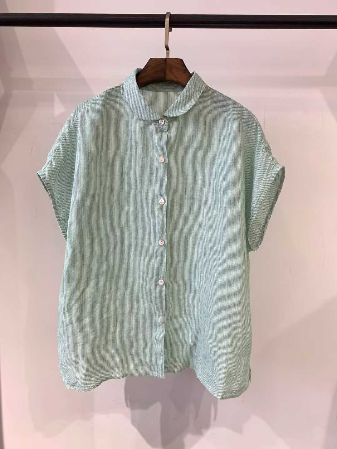 Vertical linen striped round collar sleeveless shirt - 이미지 2