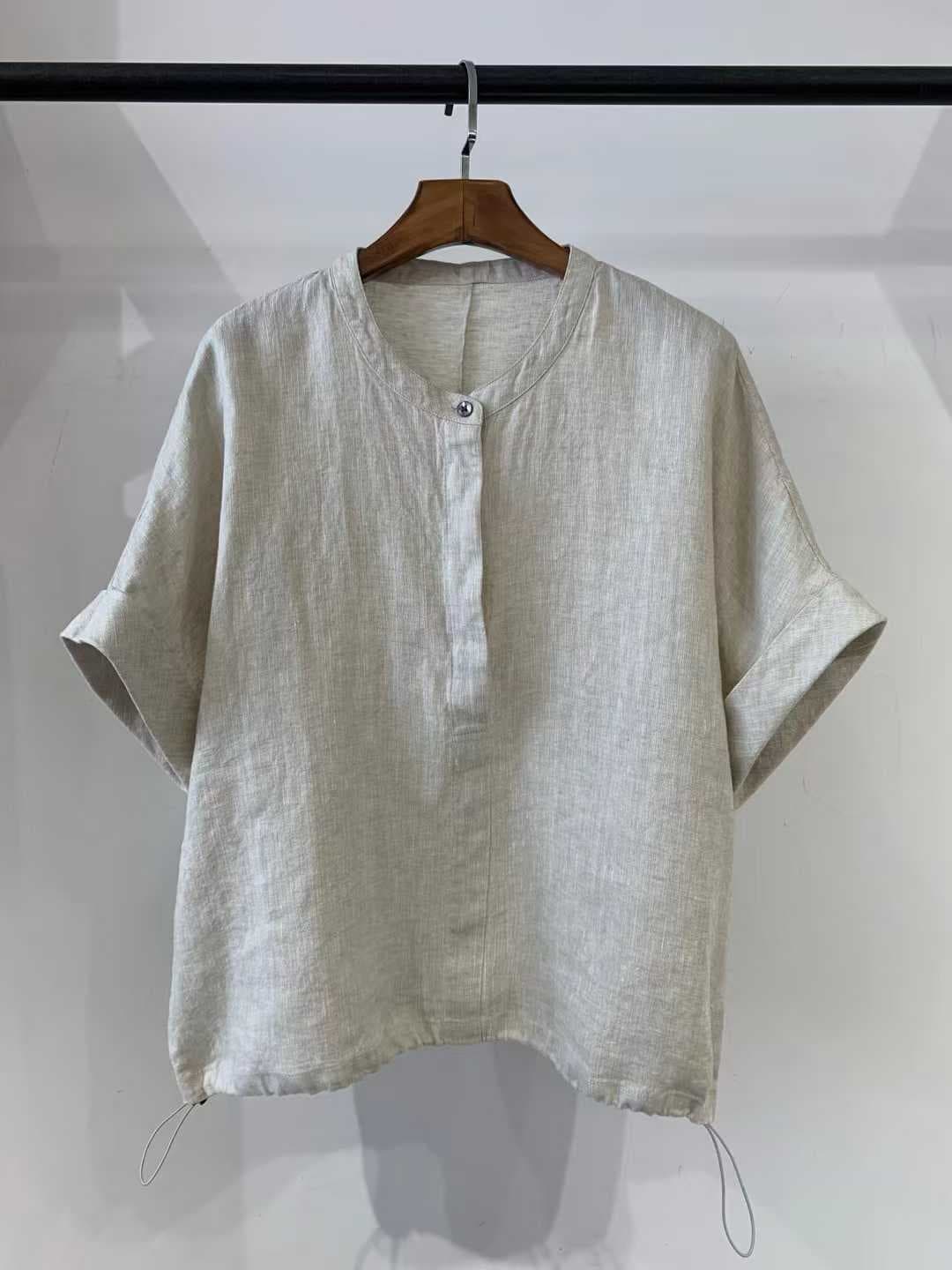 String Linen Check Henley Neck Short Sleeve Blouse - 이미지 3