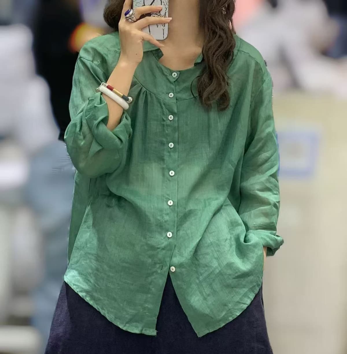 Delicate Linen Round Collar Shirred Loose Fit Shirt - 이미지 2