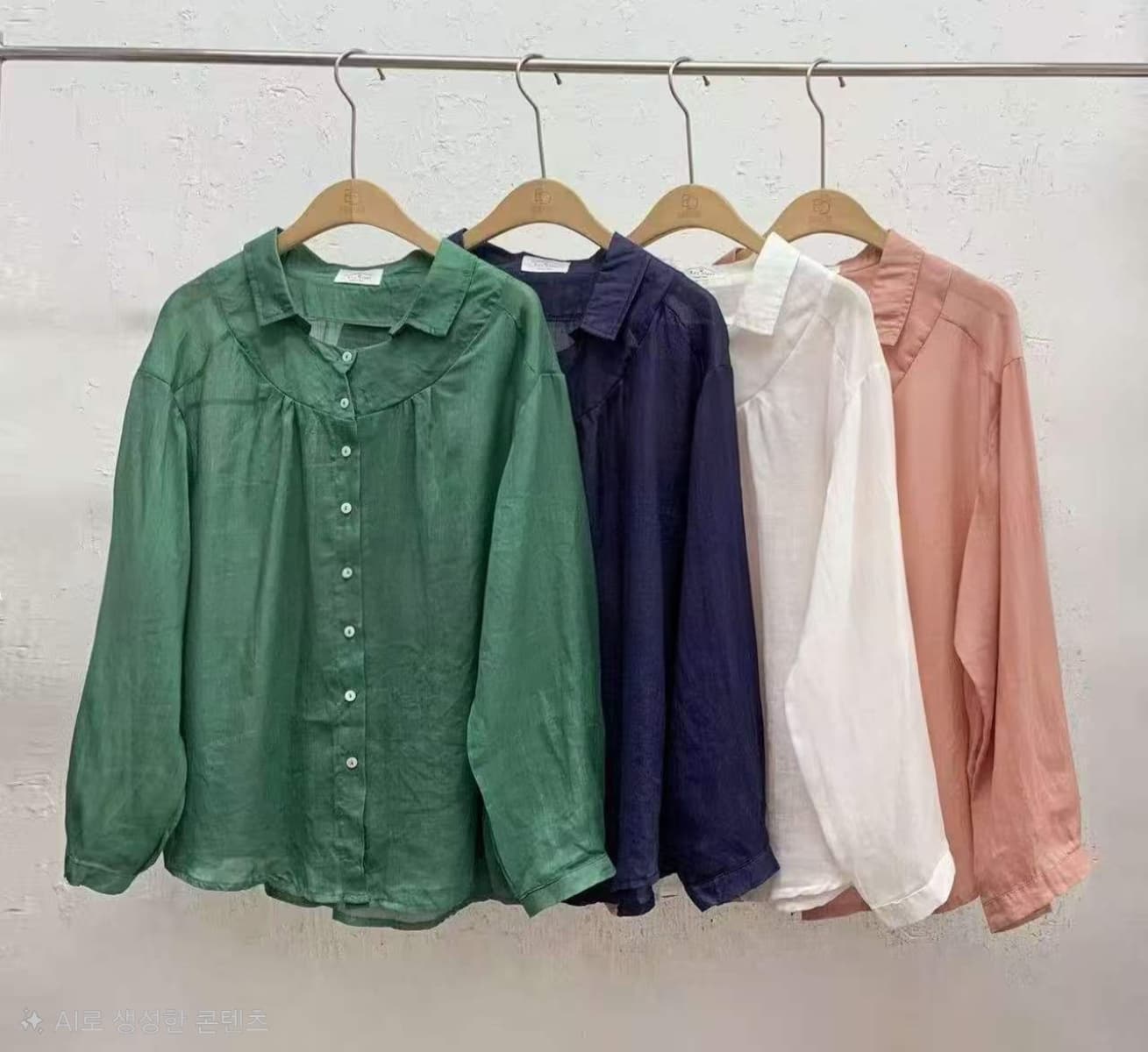 Delicate Linen Round Collar Shirred Loose Fit Shirt - 이미지 7