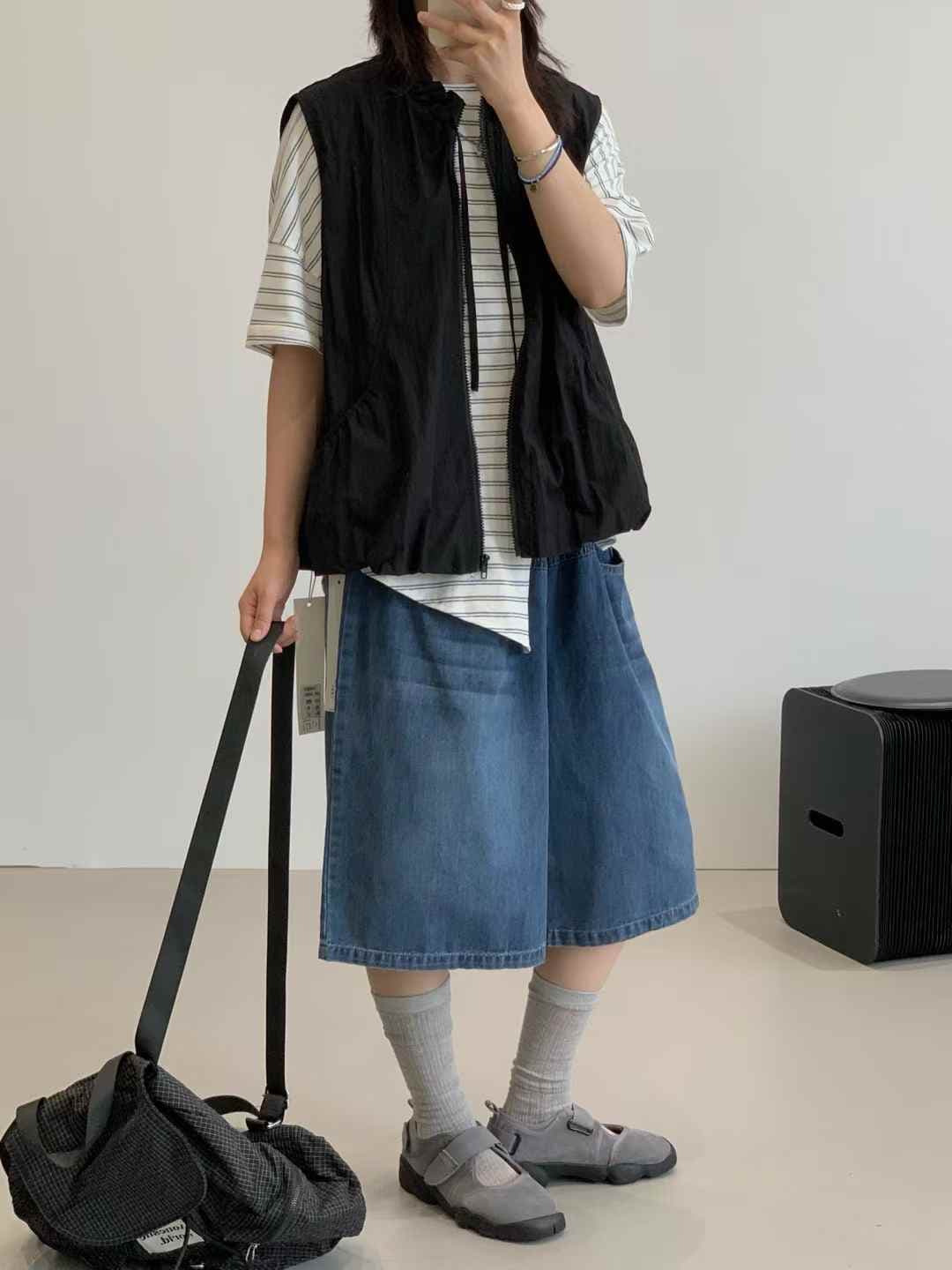 Women's Knee-length Pocket Denim Elastic Waist Wide Denim Bermuda Pants - 이미지 1
