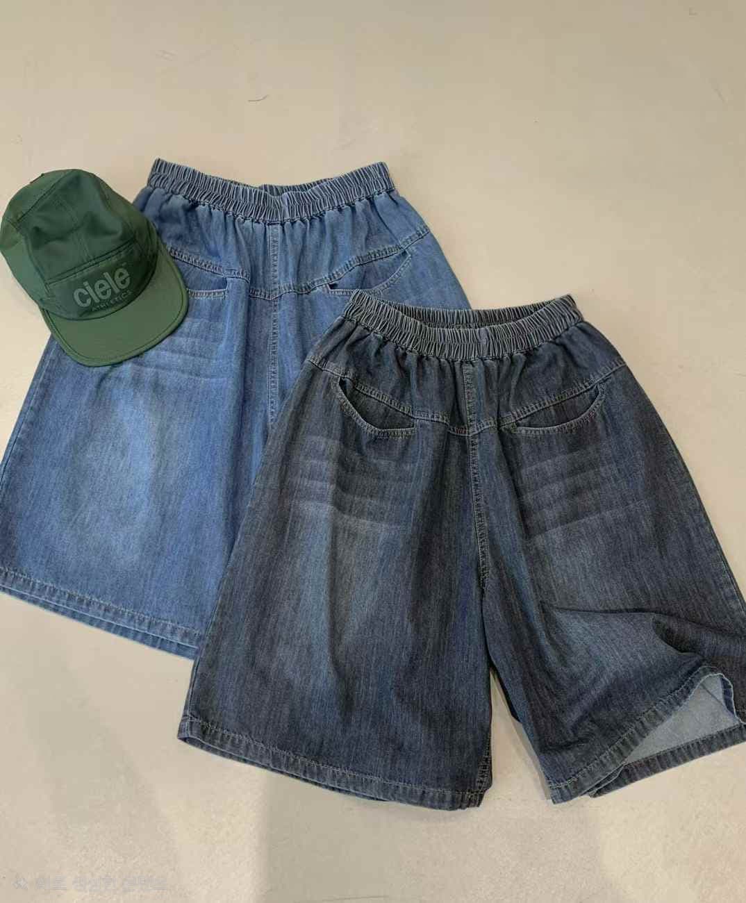 Women's Knee-length Pocket Denim Elastic Waist Wide Denim Bermuda Pants - 이미지 7