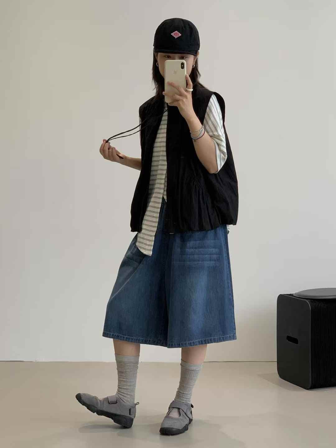 Women's Knee-length Pocket Denim Elastic Waist Wide Denim Bermuda Pants - 이미지 2