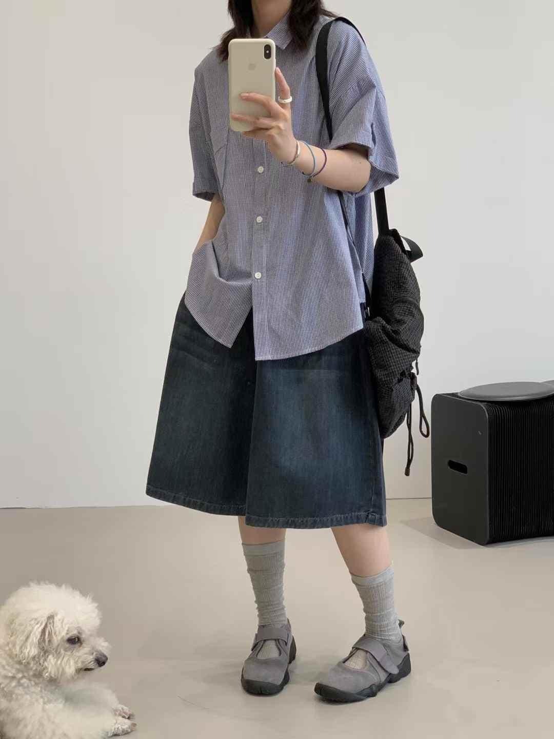 Women's Knee-length Pocket Denim Elastic Waist Wide Denim Bermuda Pants - 이미지 4