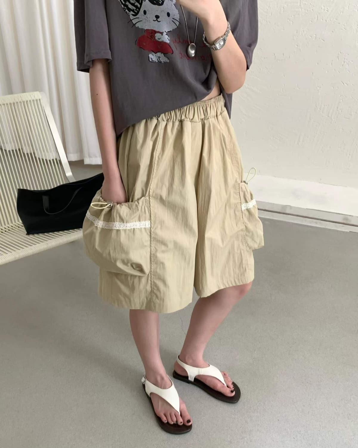Crisp Washer Elastic Cargo Pocket Knee-length Wide Pants - 이미지 10