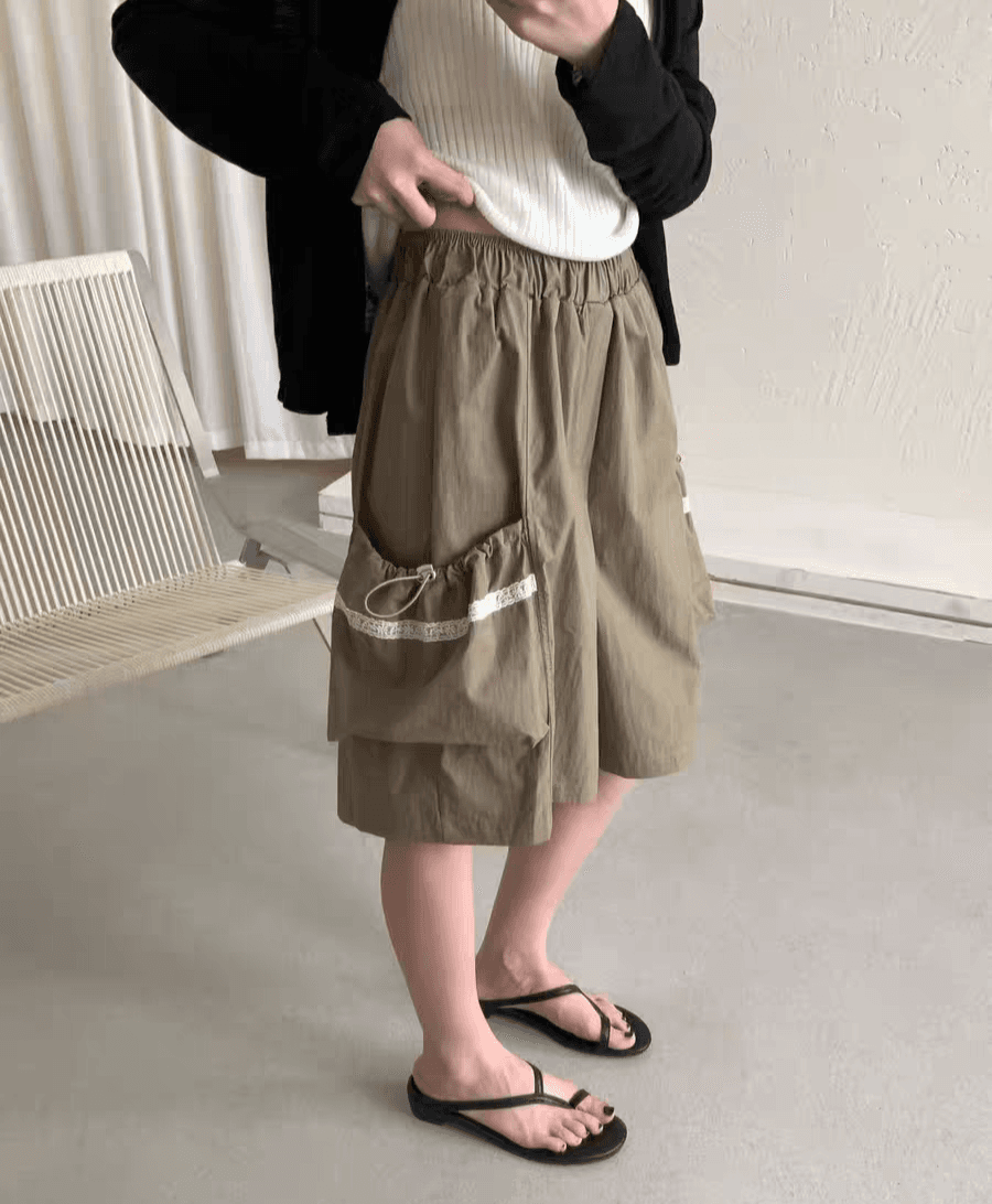 Crisp Washer Elastic Cargo Pocket Knee-length Wide Pants - 이미지 4