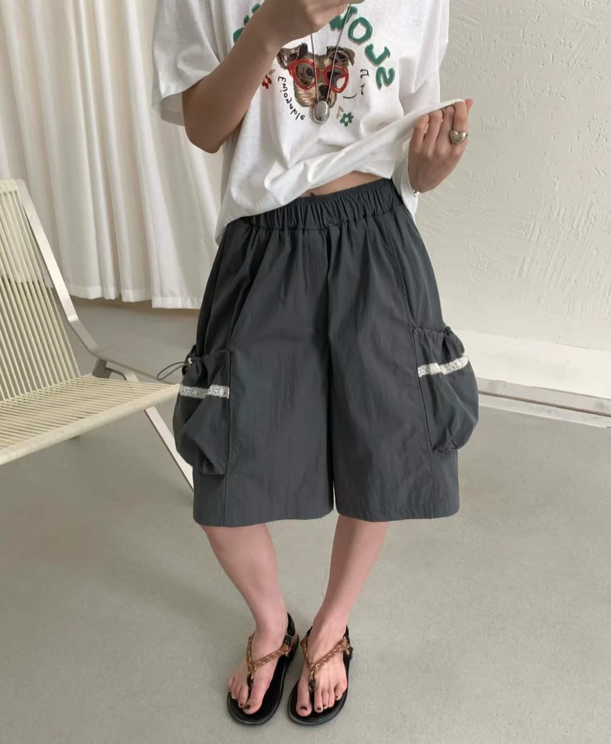 Crisp Washer Elastic Cargo Pocket Knee-length Wide Pants - 이미지 13