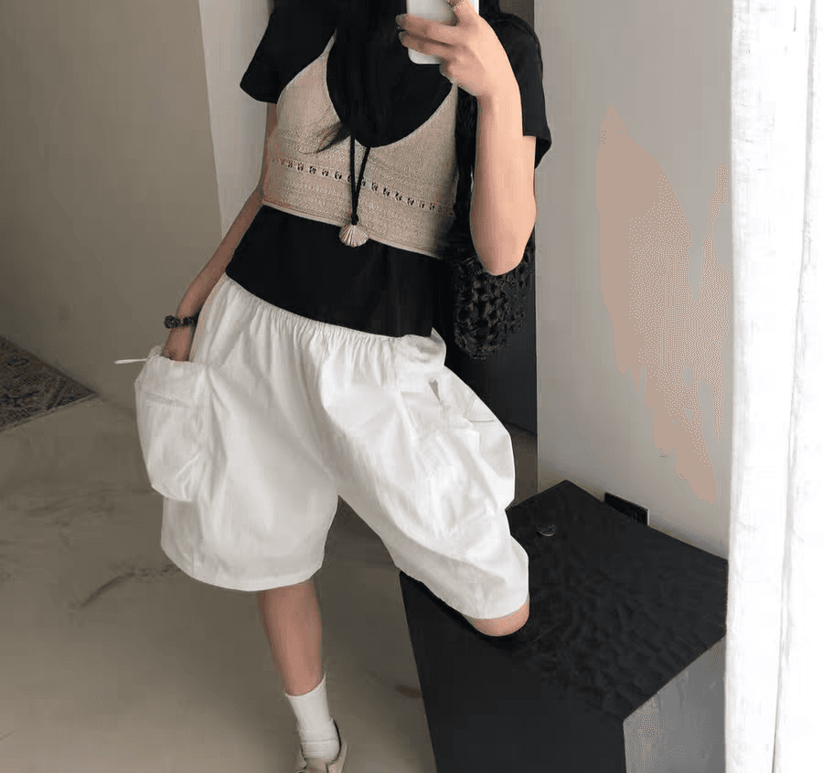 Crisp Washer Elastic Cargo Pocket Knee-length Wide Pants - 이미지 18