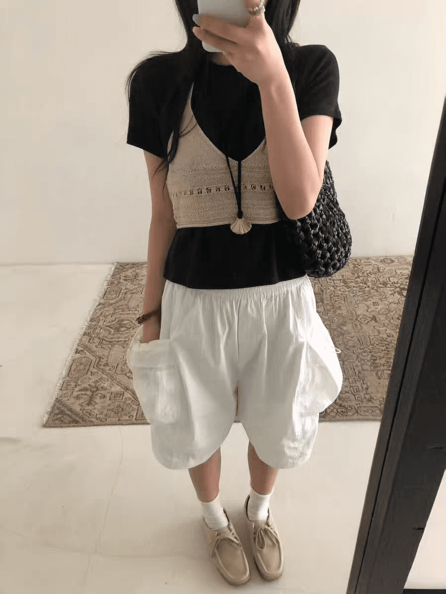 Crisp Washer Elastic Cargo Pocket Knee-length Wide Pants - 이미지 17