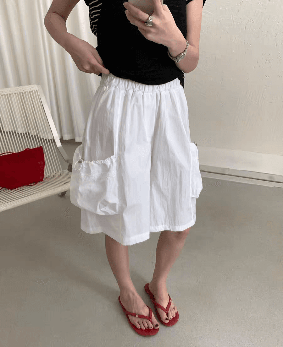 Crisp Washer Elastic Cargo Pocket Knee-length Wide Pants - 이미지 1