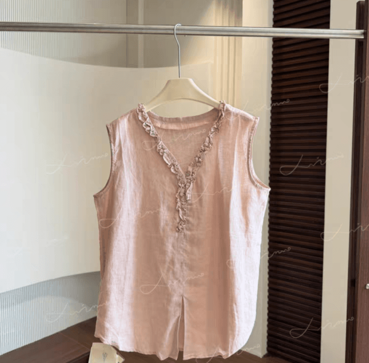 Linen frill V-neck sleeveless blouse - 이미지 5