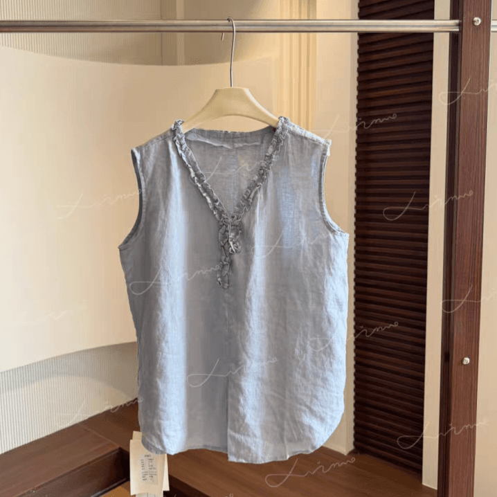 Linen frill V-neck sleeveless blouse - 이미지 9