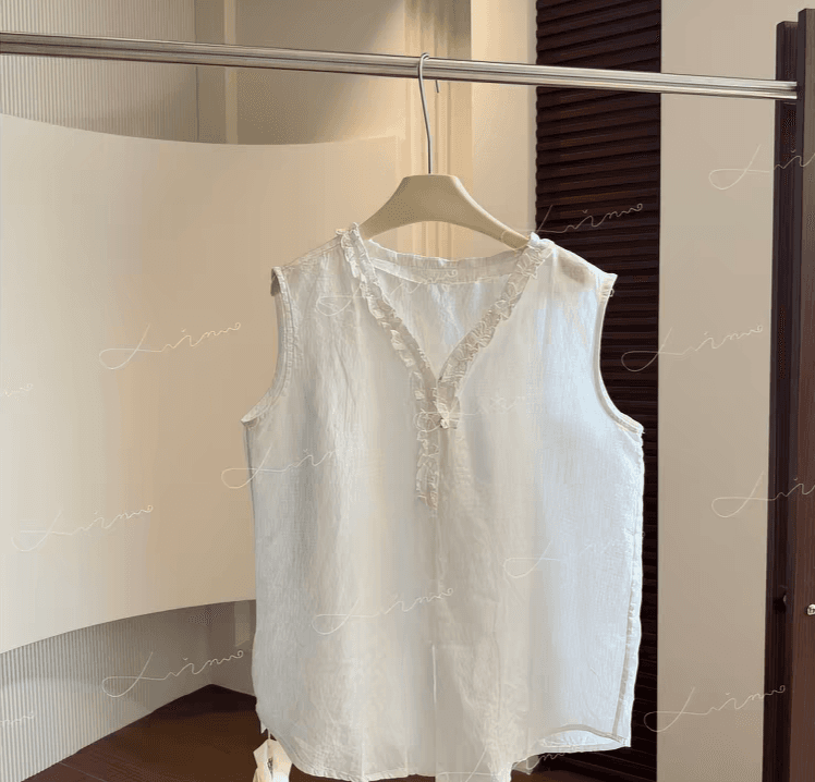Linen frill V-neck sleeveless blouse - 이미지 8