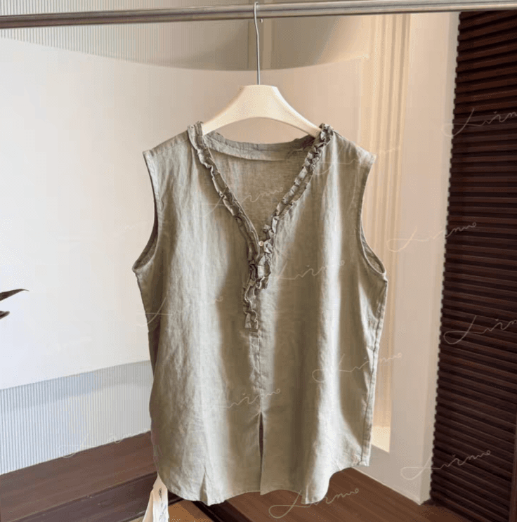 Linen frill V-neck sleeveless blouse - 이미지 6