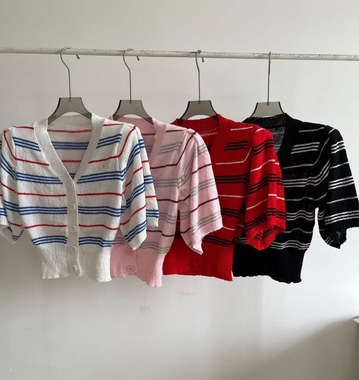 Striped V-neck short-sleeve knit cardigan - 이미지 1