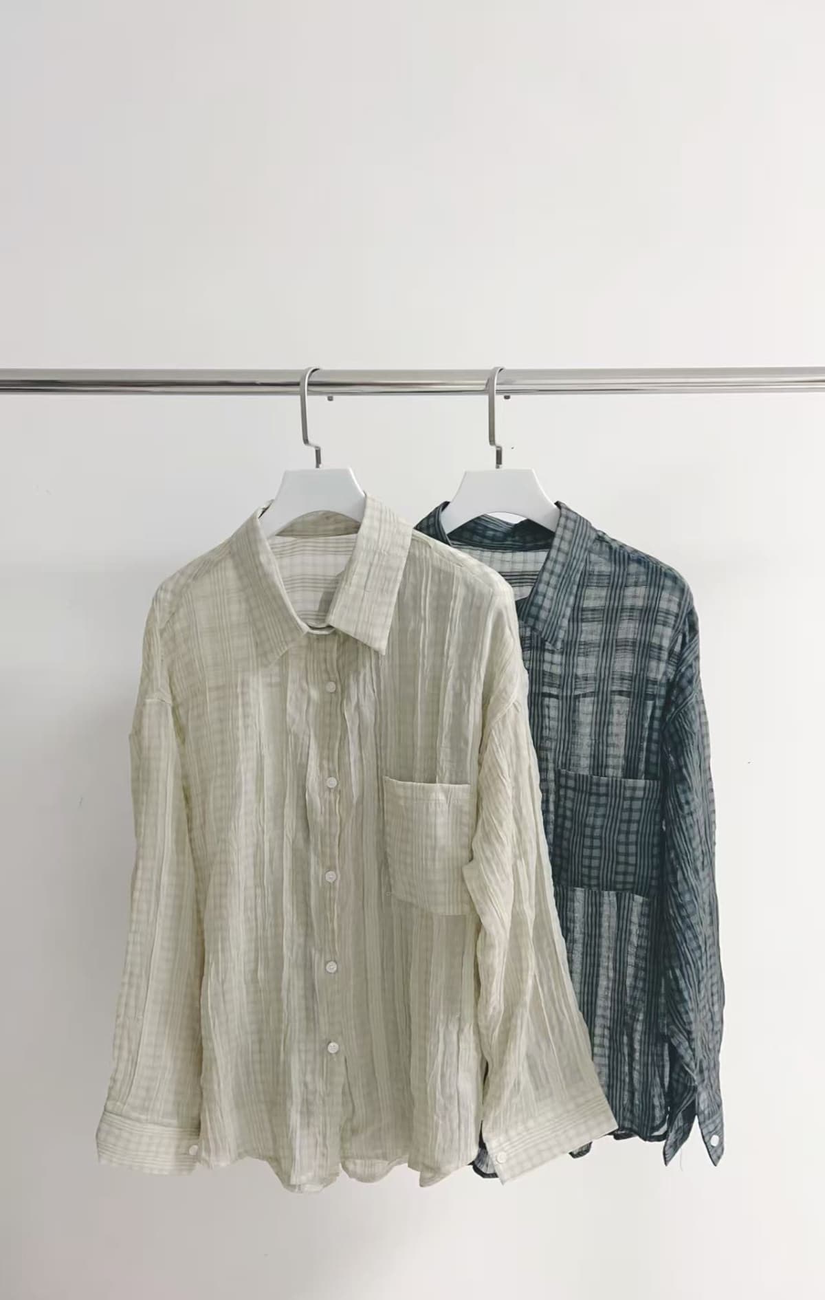 Seersucker check oversized long-sleeve shirt - 이미지 1