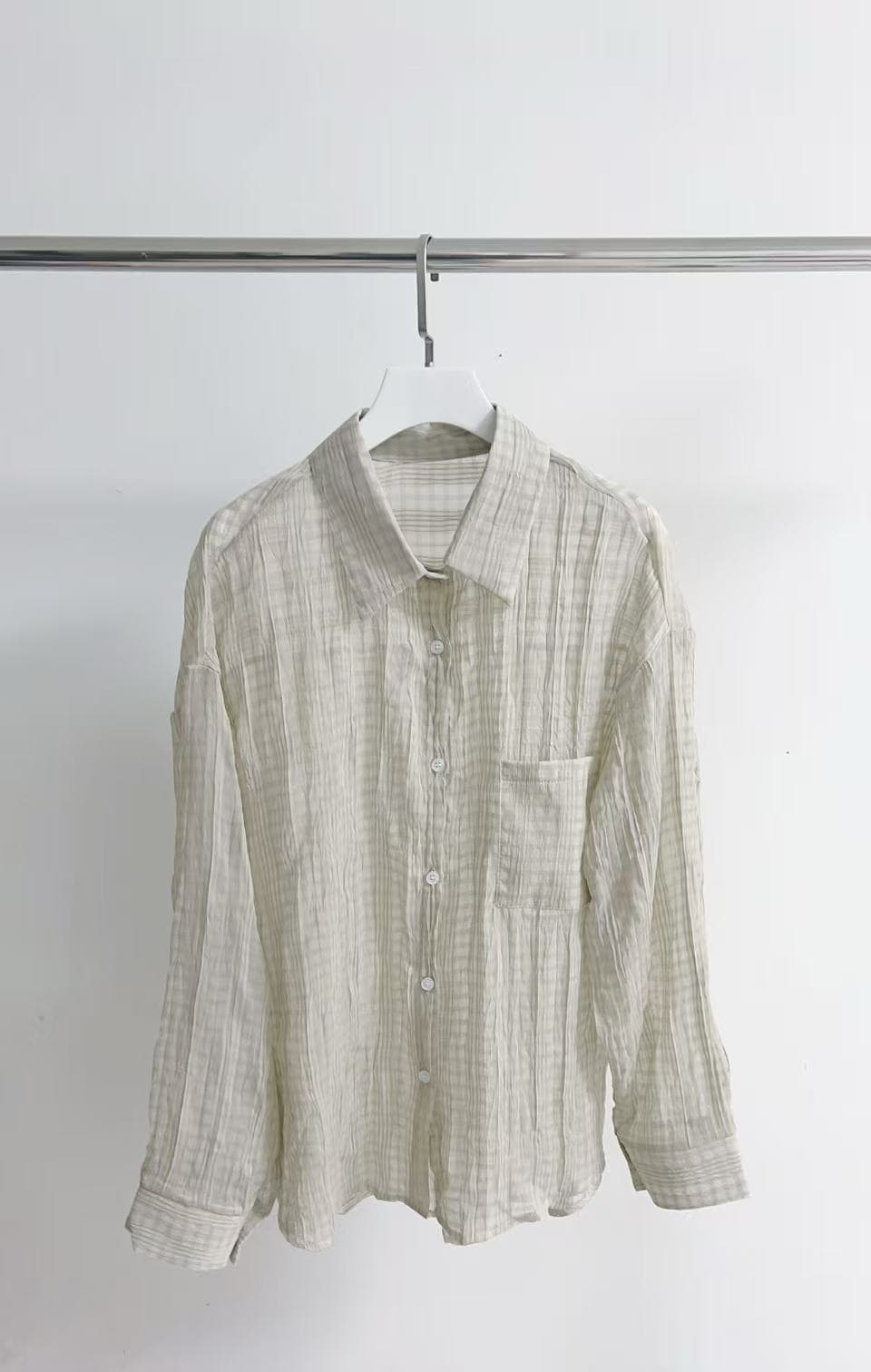 Seersucker check oversized long-sleeve shirt - 이미지 2